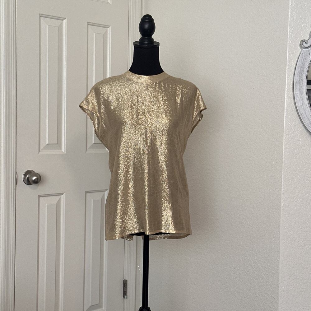 St John Top Womens Small Gold Metallic Button Back Short Sleeve Blouse 4